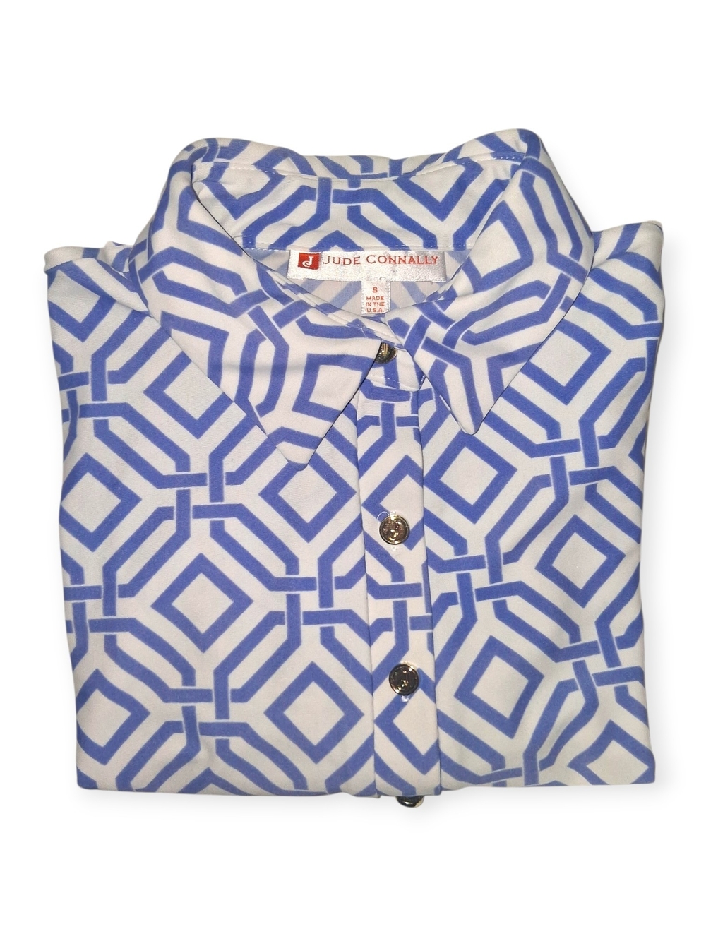Jude Connally White and Blue Geometric Print Button-Down